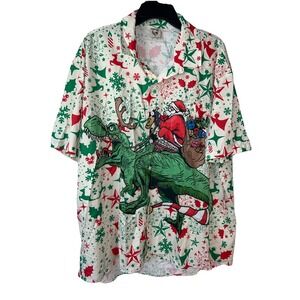Christmas Santa Riding Dinosaur Hardaddy Men's Holiday Button Down Shirt Size XL